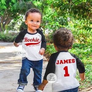 1st Birthday Boy Outfit Baseball First One Year Old Boy Outfit Red First Baseball Shirt Rookie of the Year, White Shirt w/ Black Sleeves