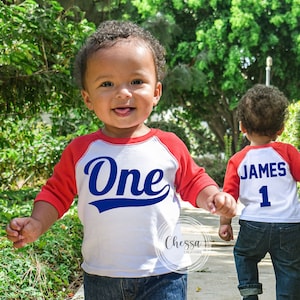 50% OFF SALE! 1st Birthday Boy Outfit One Year Old Baseball First Birthday Raglan Shirt for Cake Smash White w/ Red Sleeves, Royal Design