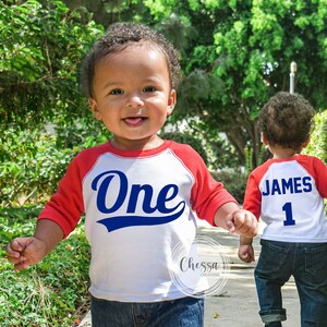 50% OFF SALE! 1st Birthday Boy Outfit One Year Old Baseball First Birthday Raglan Shirt for Cake Smash White w/ Red Sleeves, Royal Design