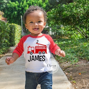 2nd Birthday Boy Outfit, Firefighter Boys Fire Truck Birthday Shirt, 2 Year Old Boy Birthday Outfit, Firetruck, Transportation Birthday Red