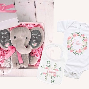 Zestaw prezentowy dla noworodka dla dziewczynki, 3-częściowy spersonalizowany pluszowy słoń, kosz na baby shower, spersonalizowany kwiatowy body i śliniaczek dla nowej mamy