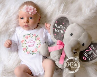 Cesta de regalo para niña recién nacida, juego de 2 piezas, animal de peluche de elefante personalizado, ducha, corona floral personalizada para recién nacidos, rosa cursiva