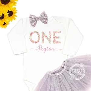 1st Birthday Girl Outfit, Name Shirt for First Birthday Cake Smash, Birthday Long Sleeve, Light Pink Floral Letters, Tea Party, Ink Print