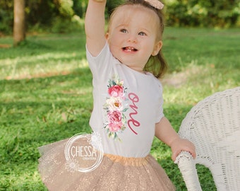 1st Birthday Girl Outfit Miss ONEderful Shirt for First Birthday Cake Smash Birthday Long Sleeve Pink Floral Gold Tutu Princess Tea Party
