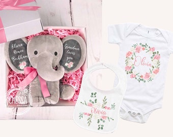Ensemble cadeau 3 pièces pour nouveau-né, bébé fille, peluche éléphant personnalisée, panier pour baby shower, body floral personnalisé et bavoir pour nouvelle maman