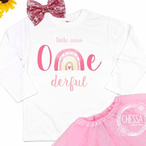 Girl 1st Birthday Outfit, Shirt for First Birthday ONEderful Rainbow Cake Smash, Set with Tutu & Bow, Gold, Pink