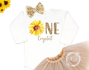 Sunflower 1st Birthday Girl Outfit First One Year Old Girl Birthday Shirt, Long or Short Sleeve Shirt with Tutu and Bow ANY AGE!