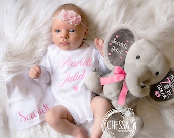 Personalized Baby Girl 3-Piece Gift Basket, Custom Elephant, Bodysuit, & Bib, Monogrammed Stuffed Animal, Newborn Girl Gift Set, Pink