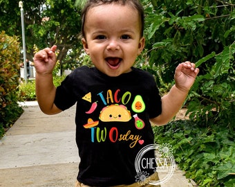 2nd Birthday Outfit Taco Twosday 2 Year Old Girl or Boy Mexican Fiesta Birthday Outfit, Short or Long Sleeve Shirt, Professional Ink Print