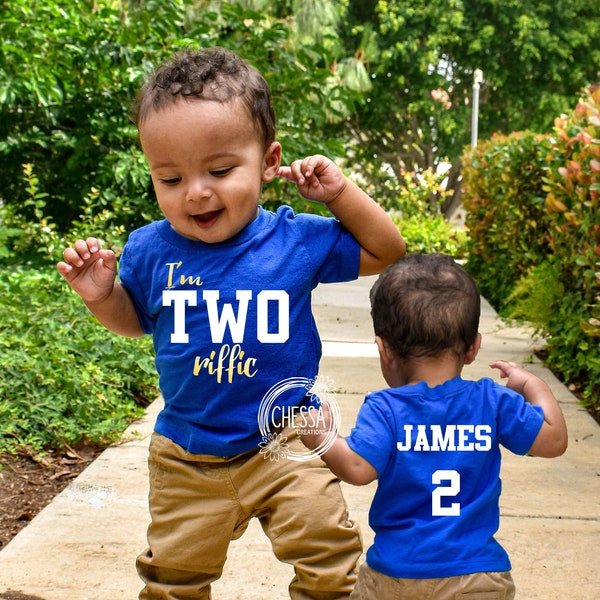 2nd Birthday Boy Shirt, I'm TWO riffic, Second Outfit Two Year Old, Boys TShirt or Bodysuit, Royal Blue & Gold, Chessa Creations Original