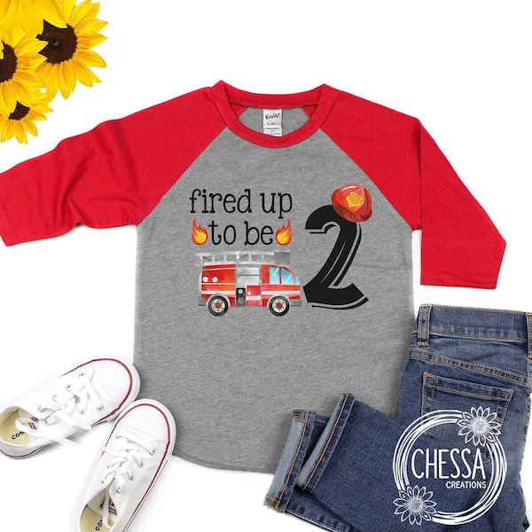 Firefighter Birthday Shirt Boy Fired Up to be 2 Firetruck Outfit, Fireman Firefighter 1, 2, 3, 4 Year Old, 1st, 2nd, ANY AGE, Transportation