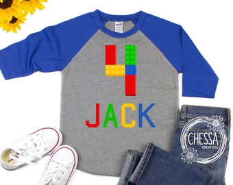 Camiseta de bloques de construcción para niño de cualquier edad. Camiseta raglán de béisbol para fiesta infantil. Tallas: 1, 2, 3, 4, 5, 6, 7, 8, 9, 10. Impresión profesional con tinta.