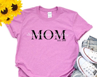 Personalized Mom Mothers Day Gift, Mommy Shirt with Kids Names Custom Mama TShirt Plus Size Birthday Est Date, Heather Orchid