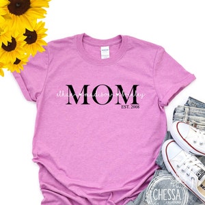 Personalized Mom Mothers Day Gift, Mommy Shirt with Kids Names Custom Mama TShirt Plus Size Birthday Est Date, Heather Orchid