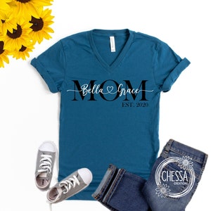 Mom Gift VNeck Shirt Kids Names Shirt Mom Gift Custom VNeck, Plus Size Christmas Birthday Mommy Shirt Est Date, Chessa, Bella 3005