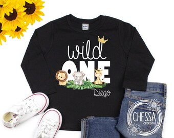 Wild One Shirt 1. Geburtstag Junge Outfit Ein Jahr alt Safari Tiere Erster Geburtstag Kurz oder Langarm Shirt Dschungel, Woodland Party