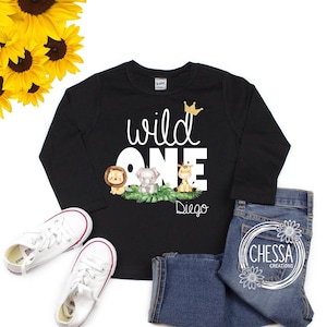 Wild One Shirt 1st Birthday Boy Outfit One Year Old Safari Animals First Birthday Cake Smash Short or Long Sleeve Shirt, Woodland Party