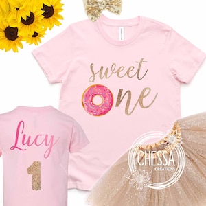 Sweet One Donut 1st Birthday Girl Outfit, Shirt for First Birthday Cake Smash, Outfit Set with Tutu & Bow, Glitter Gold, Pink, DTG Ink Print