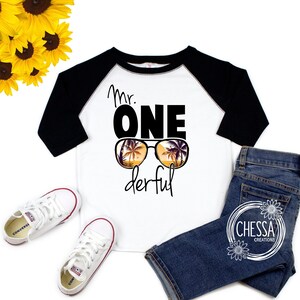 1st Birthday Boy Outfit, Cool Mr. ONEderful One Year Old Party, First Birthday, White raglan shirt w/ Black Sleeves, Chessa