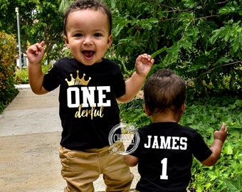 1st Birthday Boy Shirt, Mr ONEderful First Outfit One Year Old, Boys TShirt or Bodysuit, Black, White & Gold, Chessa Creations Original