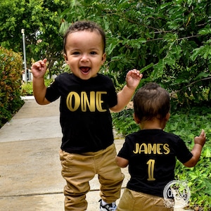 1st Birthday Boy One Year Old Boy Birthday Outfit, First Birthday, Black Shirt, Gold Print, Chessa Creations