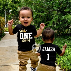 1st Birthday Boy Shirt, Mr ONEderful First Outfit One Year Old, Boys TShirt or Bodysuit, Black, White & Gold, Chessa Creations Original