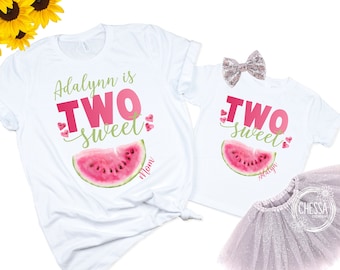 Dos camisetas con atuendos familiares de cumpleaños de sandía dulce para niñas, atuendos de segundo cumpleaños para niñas de dos años para mamá, papá, hermana, hermano, 2, fiesta de verano