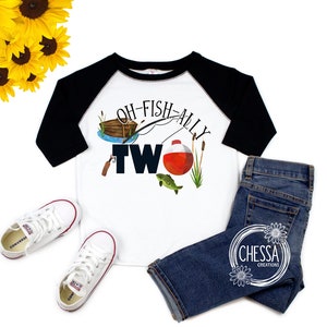 Fishing Birthday Boy Shirt, Two Year Old Boys Fish Birthday Party Outfit ANY AGE! Raglan Baseball Shirt, 1, 2, 3, 4, 5, 6, 7, 8, 9, 10, DTG