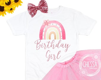 Rainbow Girls Birthday Outfit Girl Shirt 1, 2, 3, 4, 5, 6 Year Old, Cute Boho Glitter Short or Long Sleeve, Tutu and Bow, Rose Gold & Pink