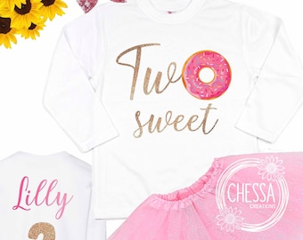 Conjunto de dos donas dulces para niña de segundo cumpleaños, camiseta para el segundo cumpleaños con tarta smash, conjunto con tutú y lazo, dorado brillante, rosa, estampado de tinta