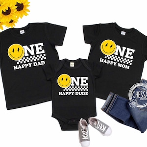 One Happy Dude 1st Birthday Boy Party Family Shirts, Boys One Year Old Party Outfit 3/4 Sleeve Raglan, Cool Smiley Face, Printed Design