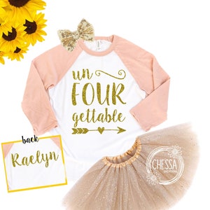 4th Birthday Girl Shirt, Outfit for 4 Year Old Birthday, Unforgettable Fourth Long Sleeve Gold Glitter Peach Coral Sleeves Gold Tutu/Bow