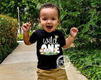 Wild One Shirt 1st Birthday Boy Outfit One Year Old Safari Animals First Birthday Cake Smash Short or Long Sleeve Shirt, Woodland Party