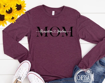 Mom Gift Long Sleeve Shirt for Her Kids Names Mama Gifts Custom Unisex Plus Size Birthday Mommy Est, Bella+Canvas Maroon Triblend 3501
