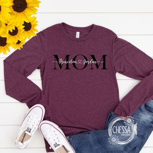 Mom Gift Long Sleeve Shirt for Her Kids Names Mama Gifts Custom Unisex Plus Size Birthday Mommy Est, Bella+Canvas Maroon Triblend 3501