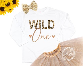 Girl Wild ONE 1st Birthday Outfit, Shirt for First Birthday Cake Smash, Animal Print Leopard Cheetah Outfit Set with Tutu & Bow, Gold