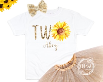 Girls Sunflower 2nd Birthday Outfit 2 Year Old Girl Flower Birthday Outfit, Long Sleeve Shirt with Tutu and Bow, Summer Birthday
