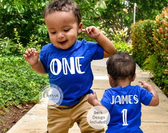 1er cumpleaños niño traje de cumpleaños de niño de un año, primer cumpleaños, camisa azul real, creaciones de Chessa