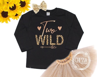 Two Wild Girls 2nd Birthday Outfit 2 Year Old Girl Birthday Outfit, Long or Short Sleeve Shirt with Tutu and Bow, Professional Ink Print