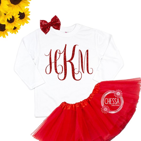 Christmas Girl Outfit, Monogram Girls Shirt with Red Tutu and Bow, ANY COLOR!