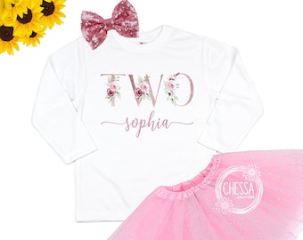 2. Geburtstag Outfit Mädchen, Name Shirt für 2 Jahre altes Geburtstagskuchen Smash, Geburtstag lange Ärmel, mauve rosa Blumenbuchstaben, DTG Tintendruck