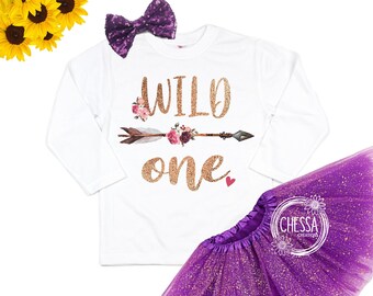 Wild ONE 1st Birthday Girl Outfit, Shirt for First Birthday Cake Smash, Tribal Arrow Flowers Outfit Set with Tutu & Bow, Glitter Gold Purple