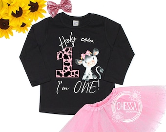 Holy Cow I'm 1 Birthday Girl Outfit 1st Birthday Cute Pink Farm Party One Year Old Girl, Long or Short Sleeve Shirt with Tutu & Bow, ANY AGE
