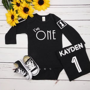 1st Birthday Boy Outfit ANY AGE! One Year Old Shirt with Personalized Sleeve Design Classic Modern Black and White