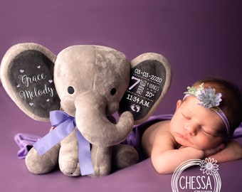 Gift for Baby Girl & New Mom, Pink Gift Box for Baby Shower Gift Basket, Personalized Elephant Stuffed Animal, Lilac Purple Unique Gifts