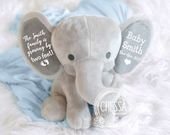 Pregnancy Announcement Grandparent Aunt Sister Stuffed Animal Cute Custom Baby Elephant, Our family is growing by two feet