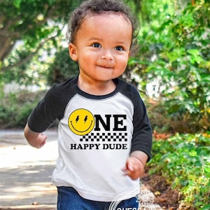 1st Birthday Boy Shirt, ONE Happy Dude First Outfit One Year Old, Boys TShirt or Bodysuit, Professional Printed Design, Cool Smiley Face