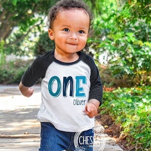 1st Birthday Boy, One Year Old Boy Birthday Outfit, Blue Baloons, First Birthday, White raglan shirt w/ Black Sleeves, ANY AGE