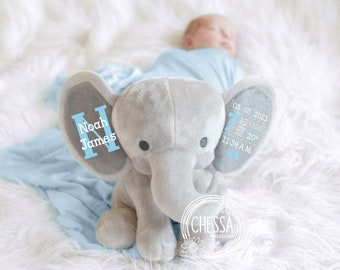 New Mom Gift Boy Baby Shower Gift, Elephant Birth Stats Photo Prop, Personalized Stuffed Animal in Gift Basket Blue, New Parent, Mom, Blue