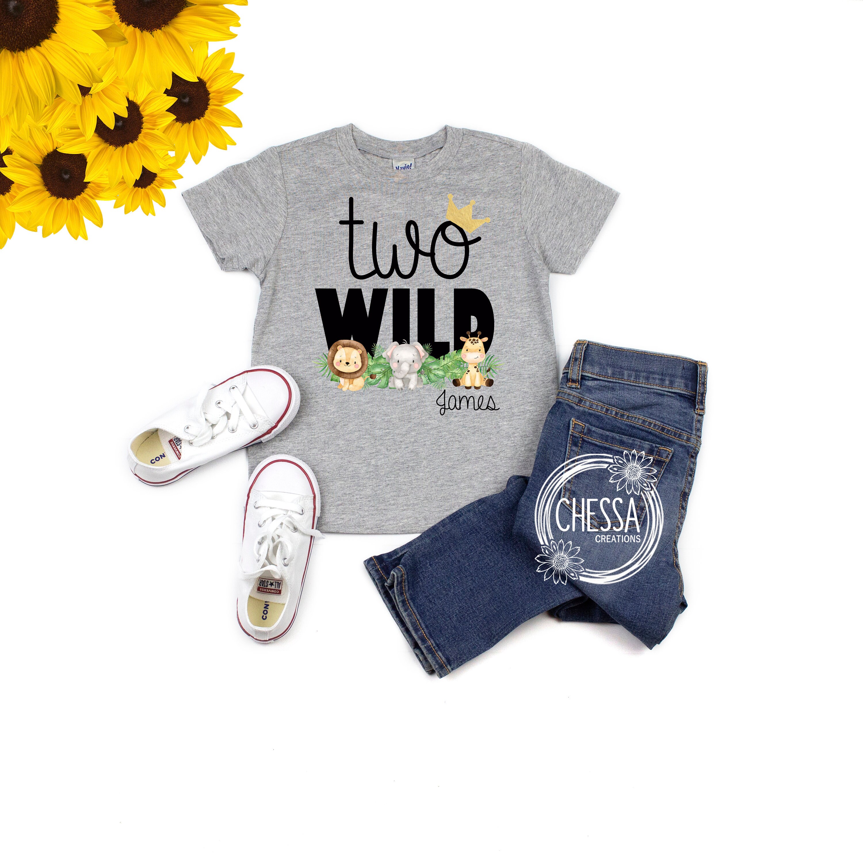 Zwei wilde 2. Geburtstag Jungen Outfit, Shirt für zwei Jahre alten Dschungel Safari Tier zweiten Geburtstag Kuchen Smash Shirt, professioneller Tintendruck